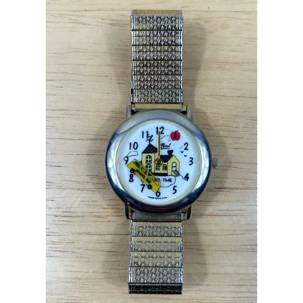 VTG Pearl Quartz Watch Women Gold Tone Schoolhouse School Bus Teacher Novelty